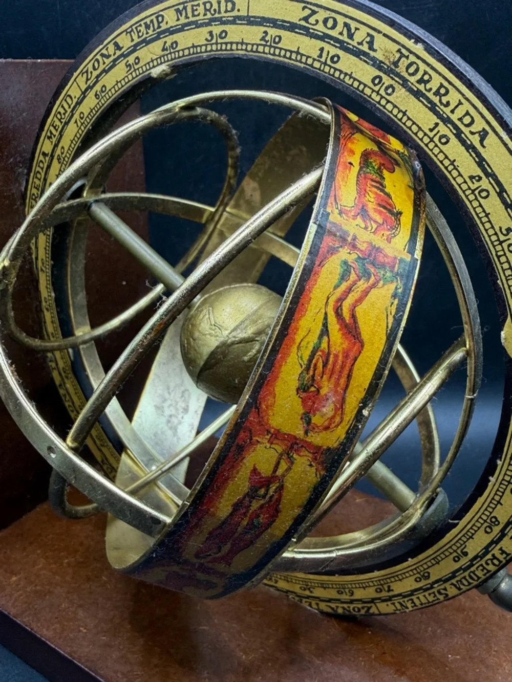 Vintage Italian Brass Armillary Sphere Zodiac Climate Zones Wooden Base Bookend